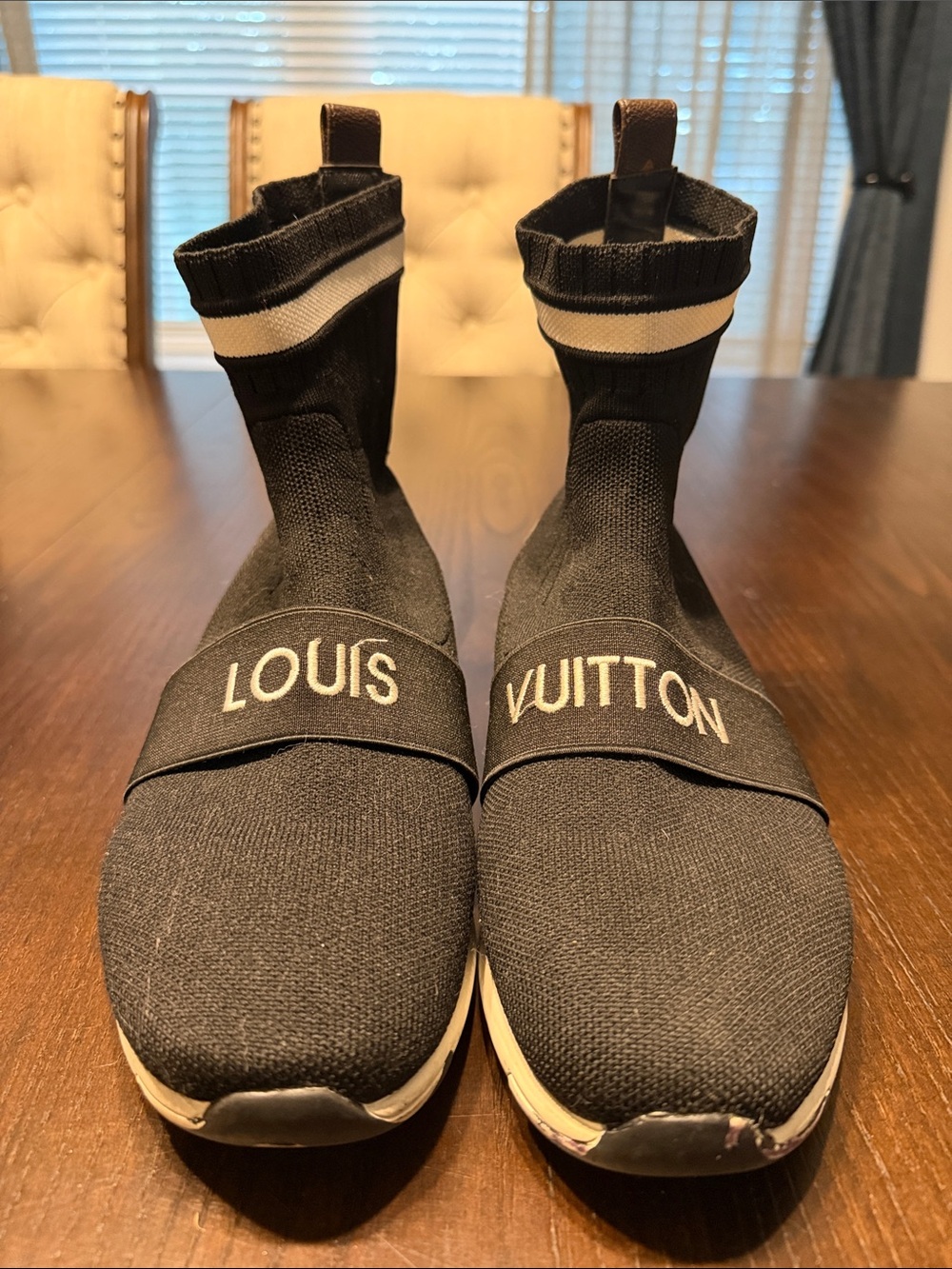Louis Vuitton Black Knit Sock Sneakers with White Stripe and Gold Accent